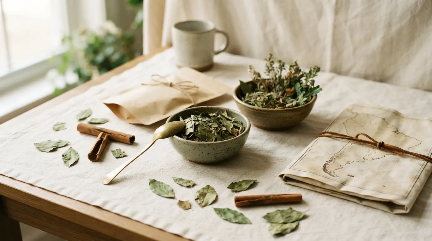 Dried Ecuadorian herbs in ceramic bowls beside a kraft pouch on cream linen