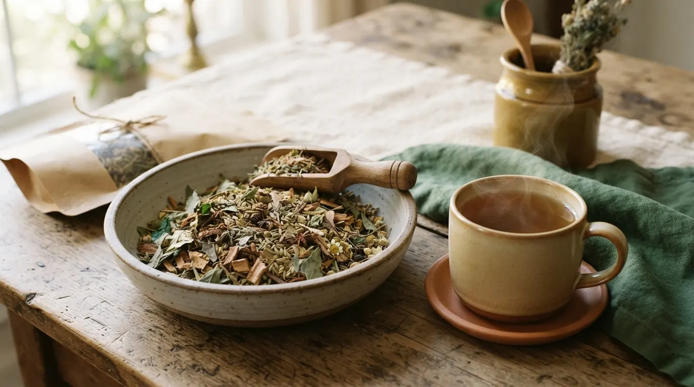 Shallow stoneware bowl of mixed dried leaves and seeds beside an amber tea with steam