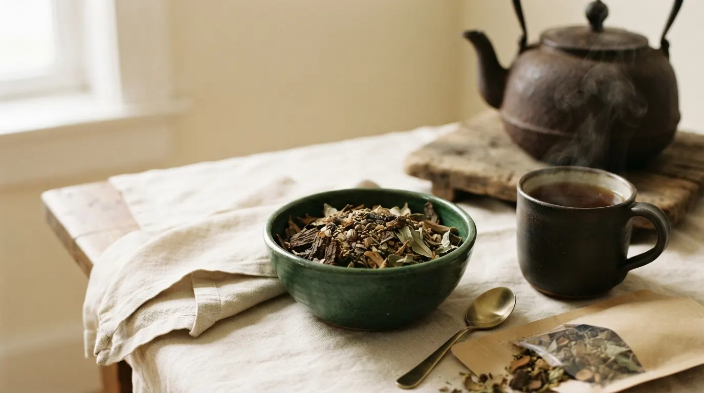Dark green ceramic bowl of coarse bark pieces and seeds beside a steaming mug of dark decoction