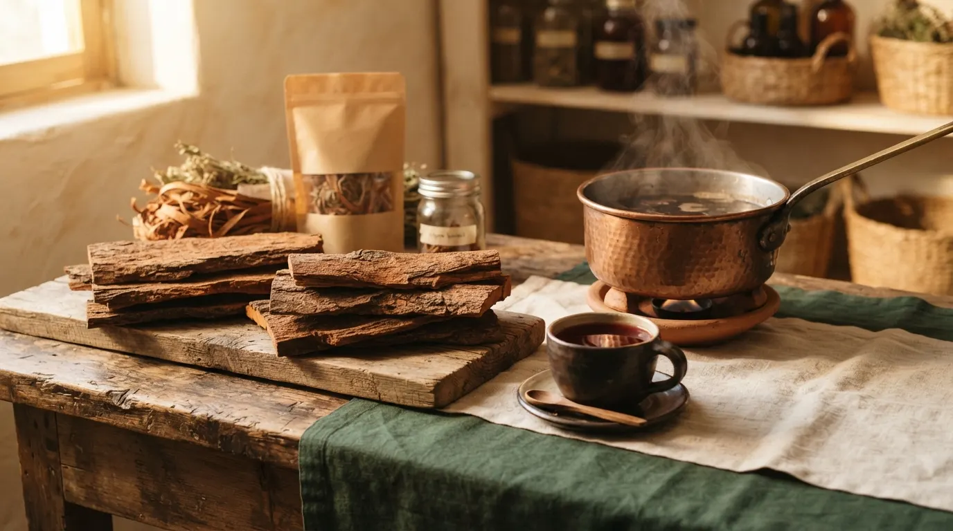 Thick russet chuchuhuasi bark slabs stacked on a wooden board beside a copper pot of dark decoction