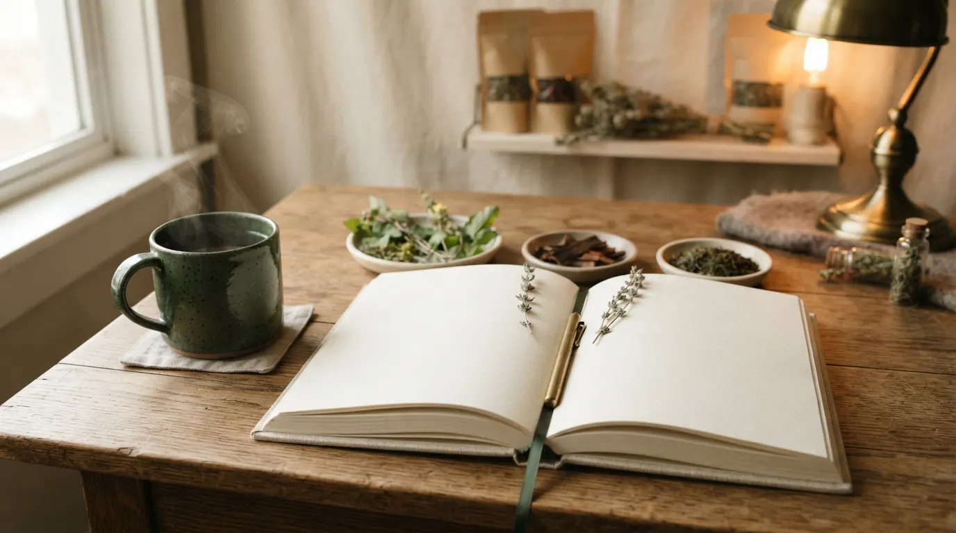 Open linen-bound book beside a steaming cup of herbal tea with herb sprigs as page markers