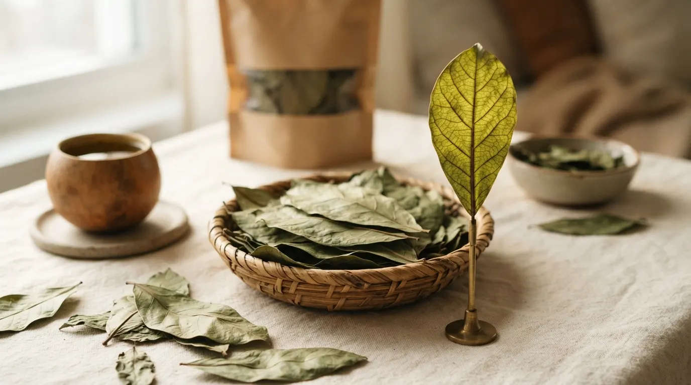 Close view of whole dried guayusa leaves in a woven basket with backlit leaf veins