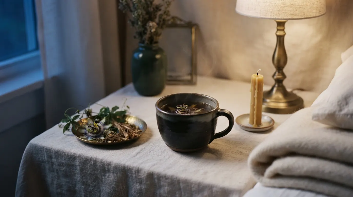 Stoneware cup of amber herbal tea on a bedside table in soft dusk light