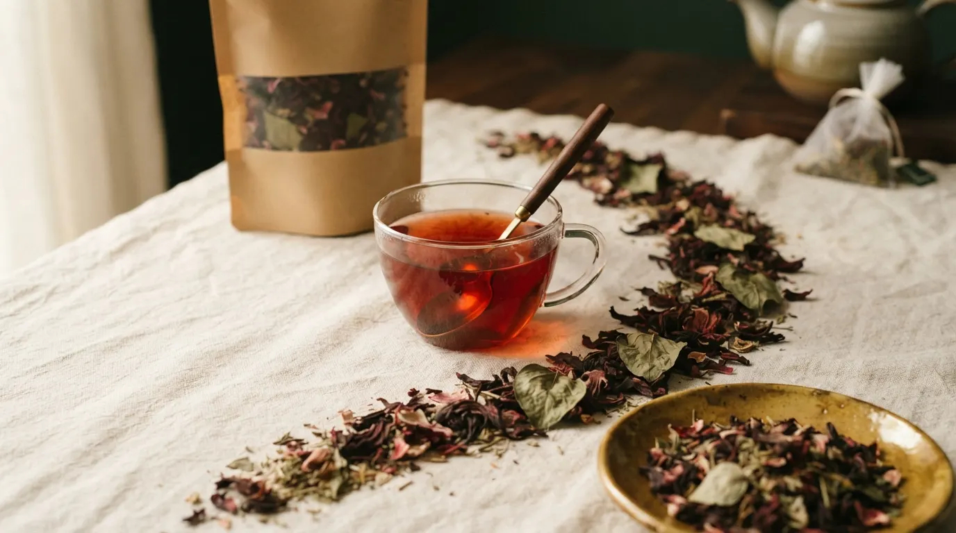 Deep red-amber herbal infusion in a glass cup with dried petals flowing across linen