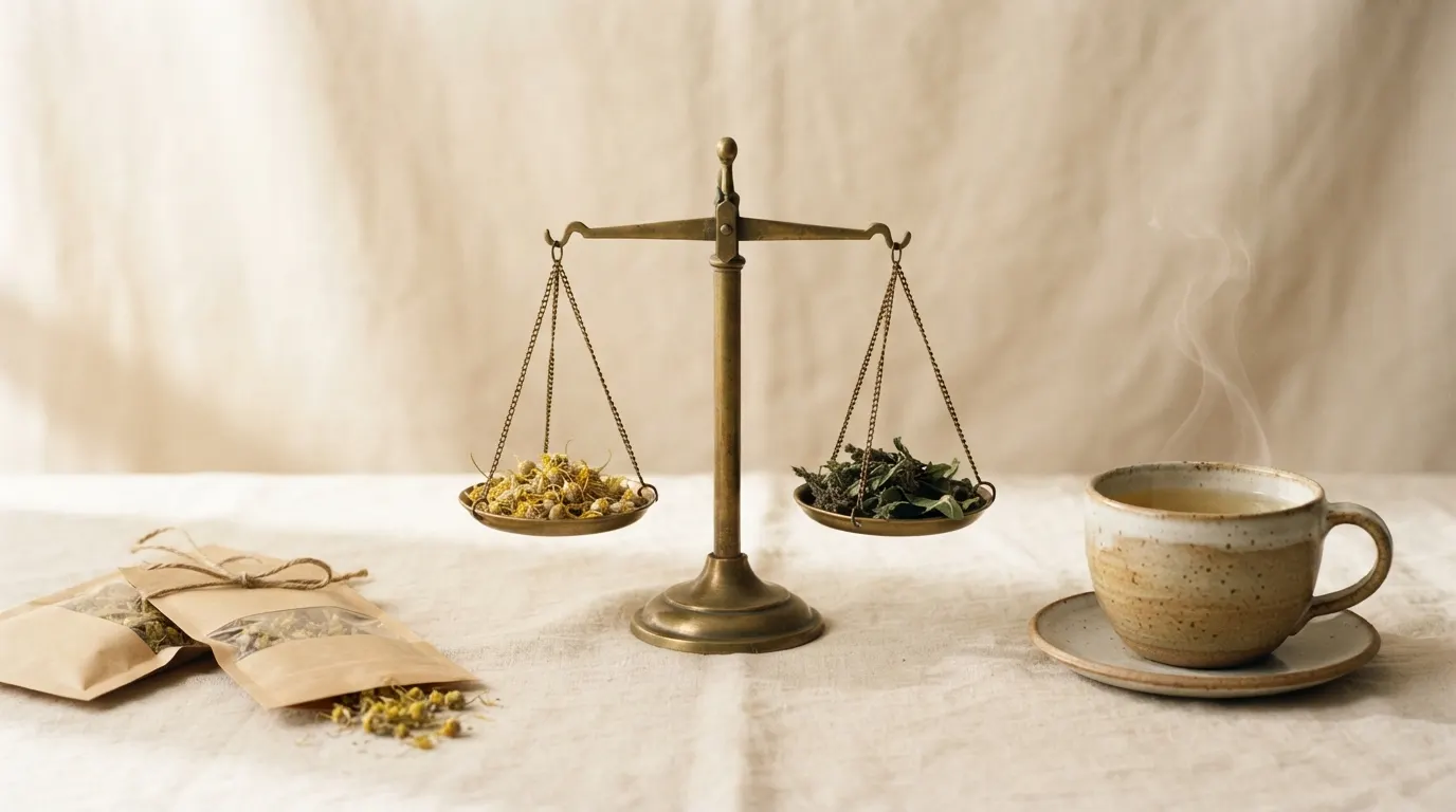 Brass balance scale with dried flowers and green leaves beside a pale gold infusion