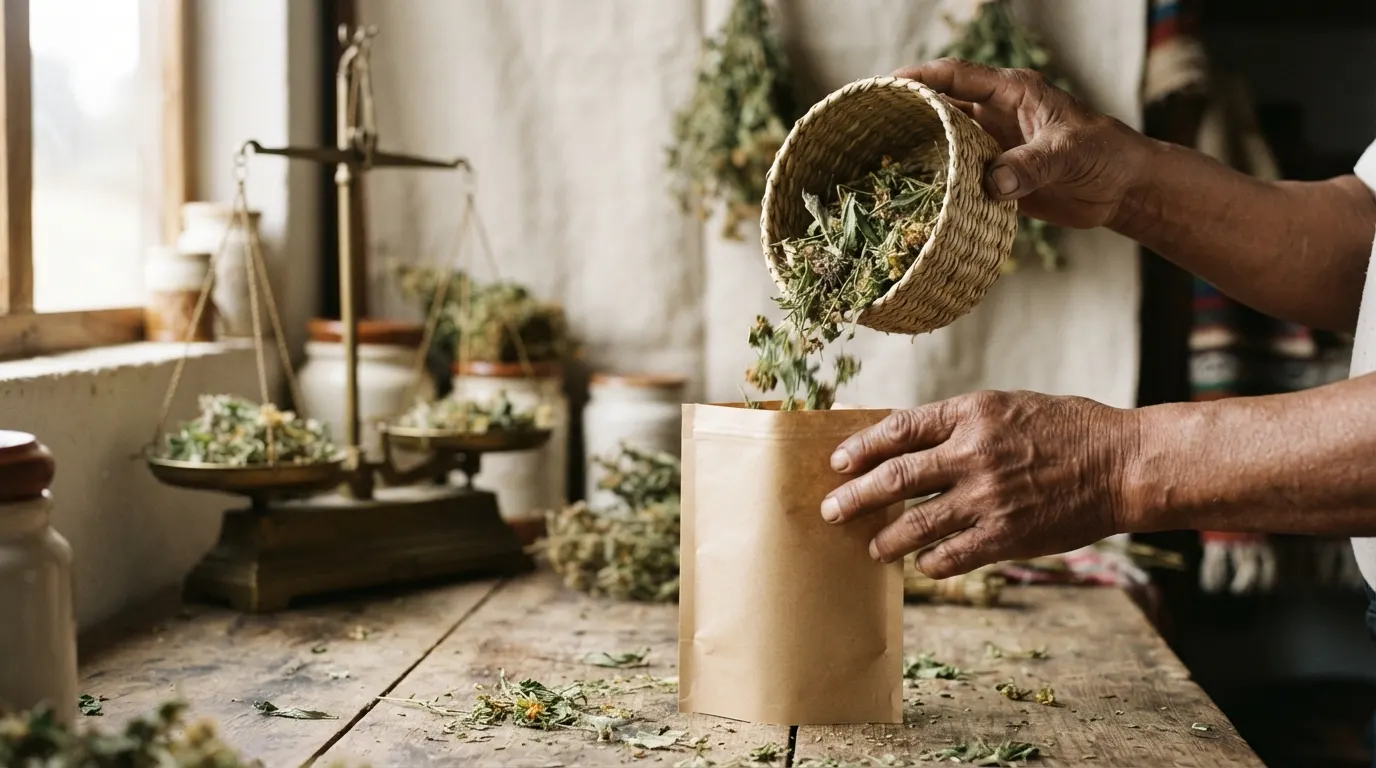 Hands pouring dried whole herbs from a woven basket into a kraft pouch beside a brass scale