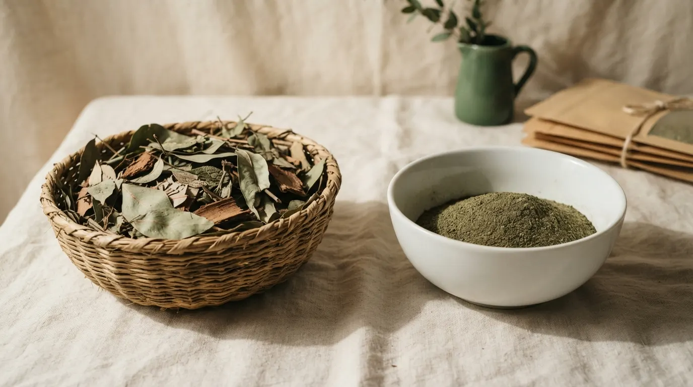 Wildcrafted whole herbs in a woven basket beside a bowl of uniform powdered herb