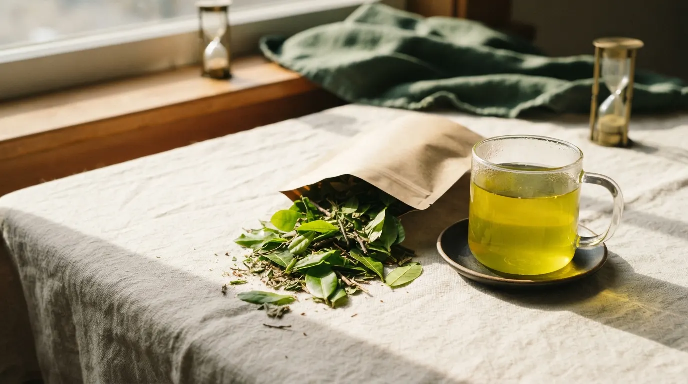 Green guayusa leaves spilling from a kraft pouch beside a glass mug in sunrise light