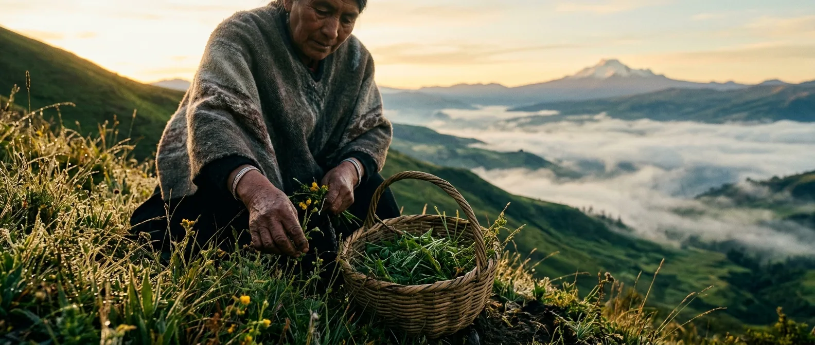 Hands harvesting wild herbs at dawn in the Ecuadorian Andes