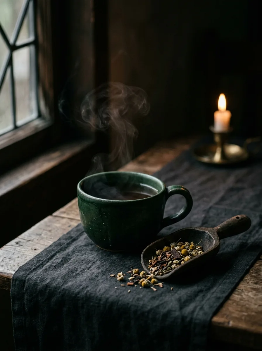 A warm cup resting in low evening light before rest