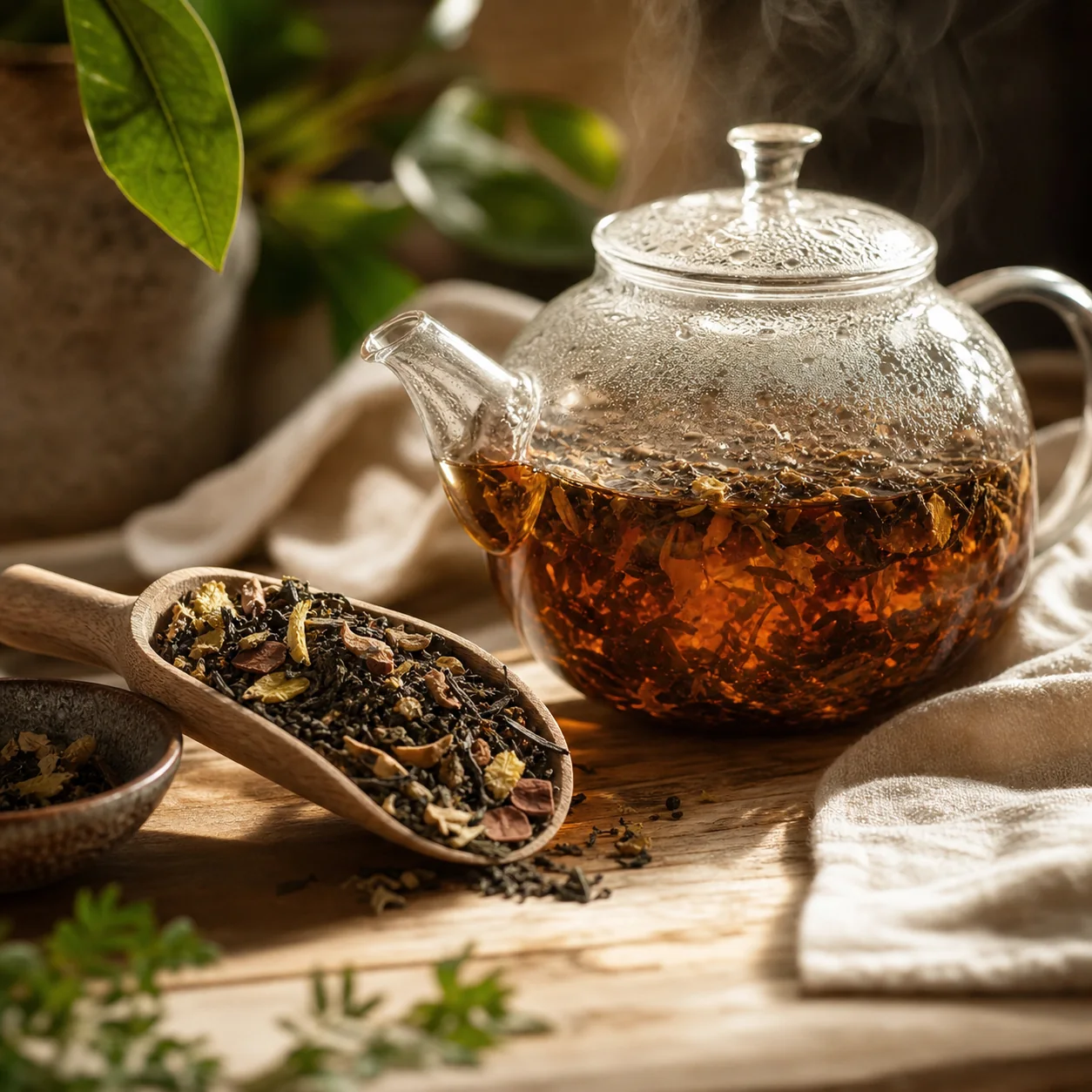 Loose leaf herbal tea blends prepared in a ceramic pot