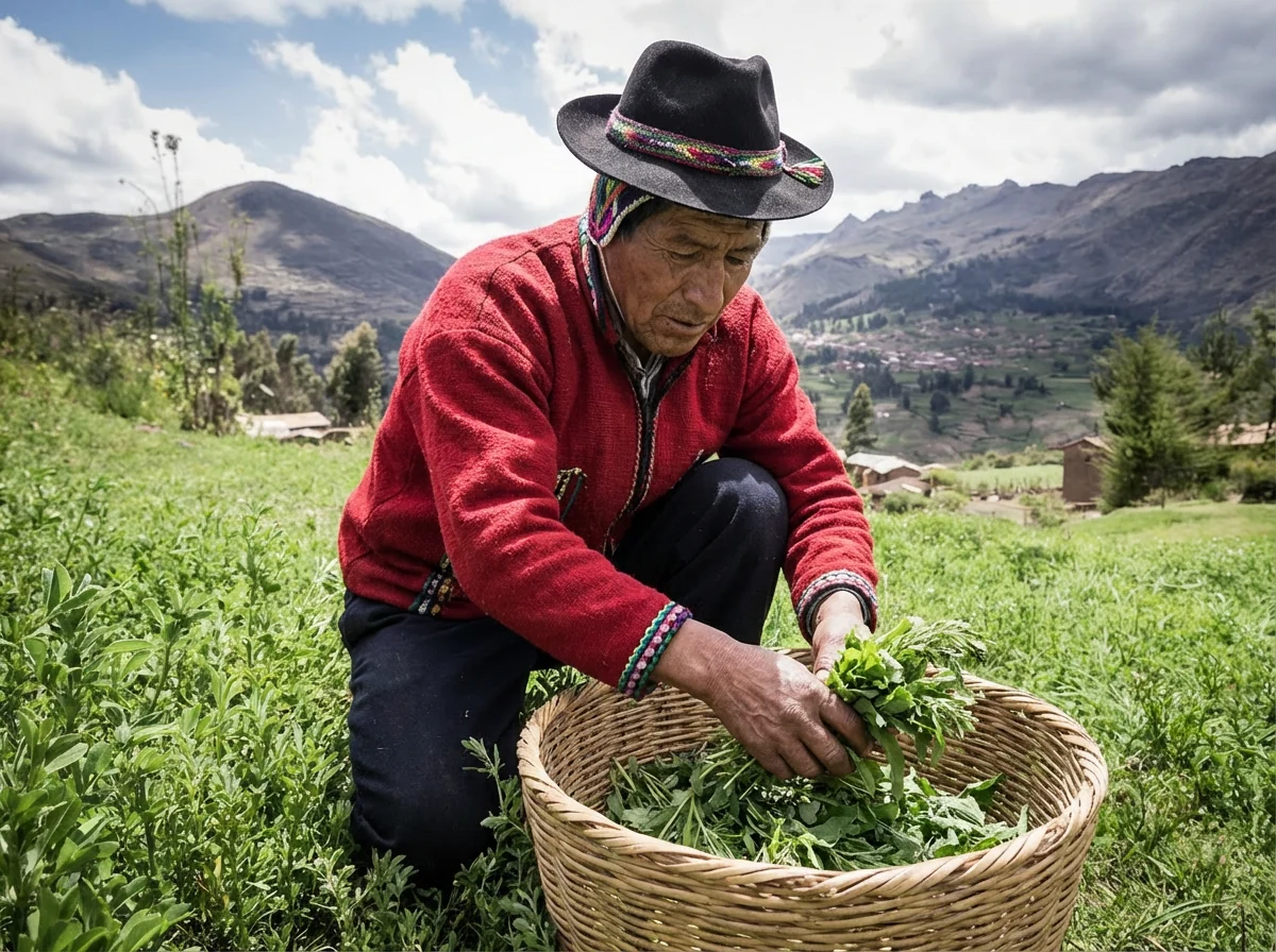 Harvester gathering wild herbs by hand