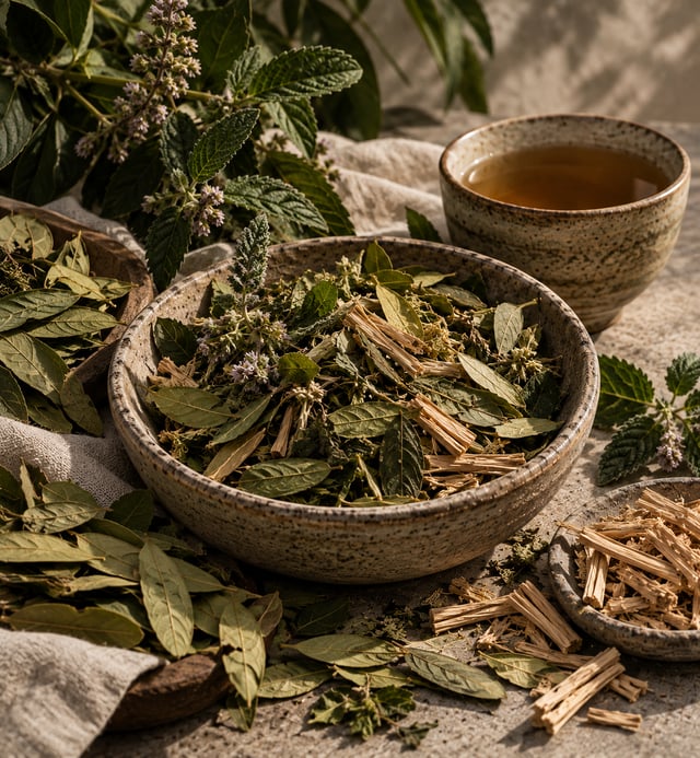 Final Flush herbs in ceramic bowls beside a cup of tea