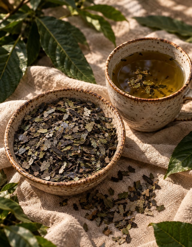 Guayusa tea and dried leaves in ceramic bowls
