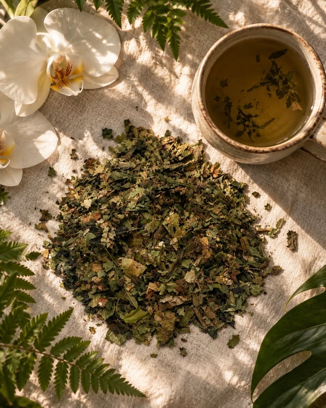 Sweet Healing tea and loose herbs arranged on linen with orchids
