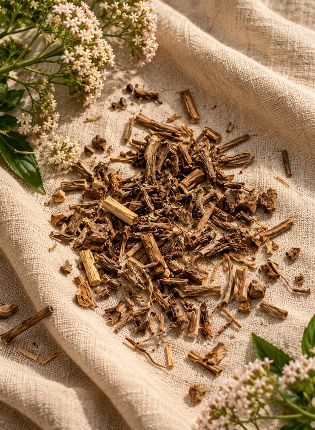 Valerian root with flowering botanicals on linen